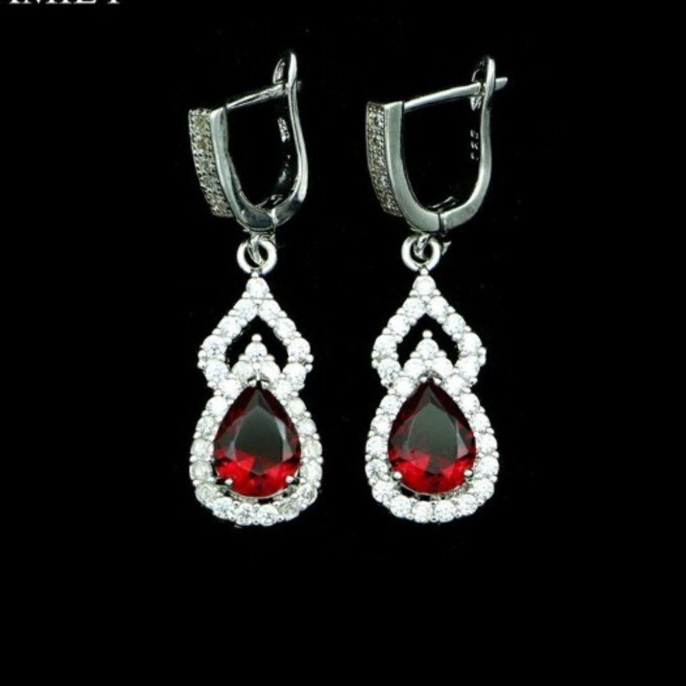 RUBY DIAMOND STERLING SILVER WATER DROP EARRINGS